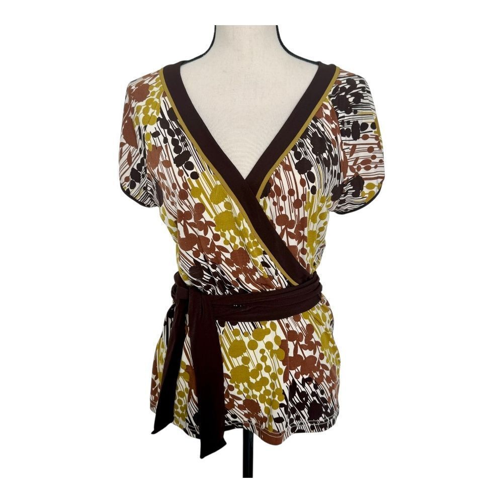 BCBGMAXAZRIA Brown Olive Green Abstract Print Y2K Wrap Blouse Womens L